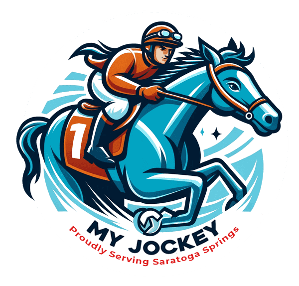 HVAC and plumbing logo featuring a jockey riding a horse, representing top-rated home service professionals in Saratoga Springs, NY.