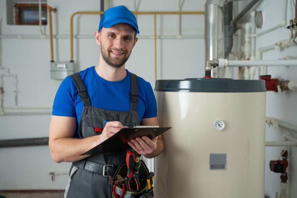 High-quality HVAC technician inspecting water heater in residential basement, demonstrating top-rated HVAC and plumbing services for home efficiency and comfort.
